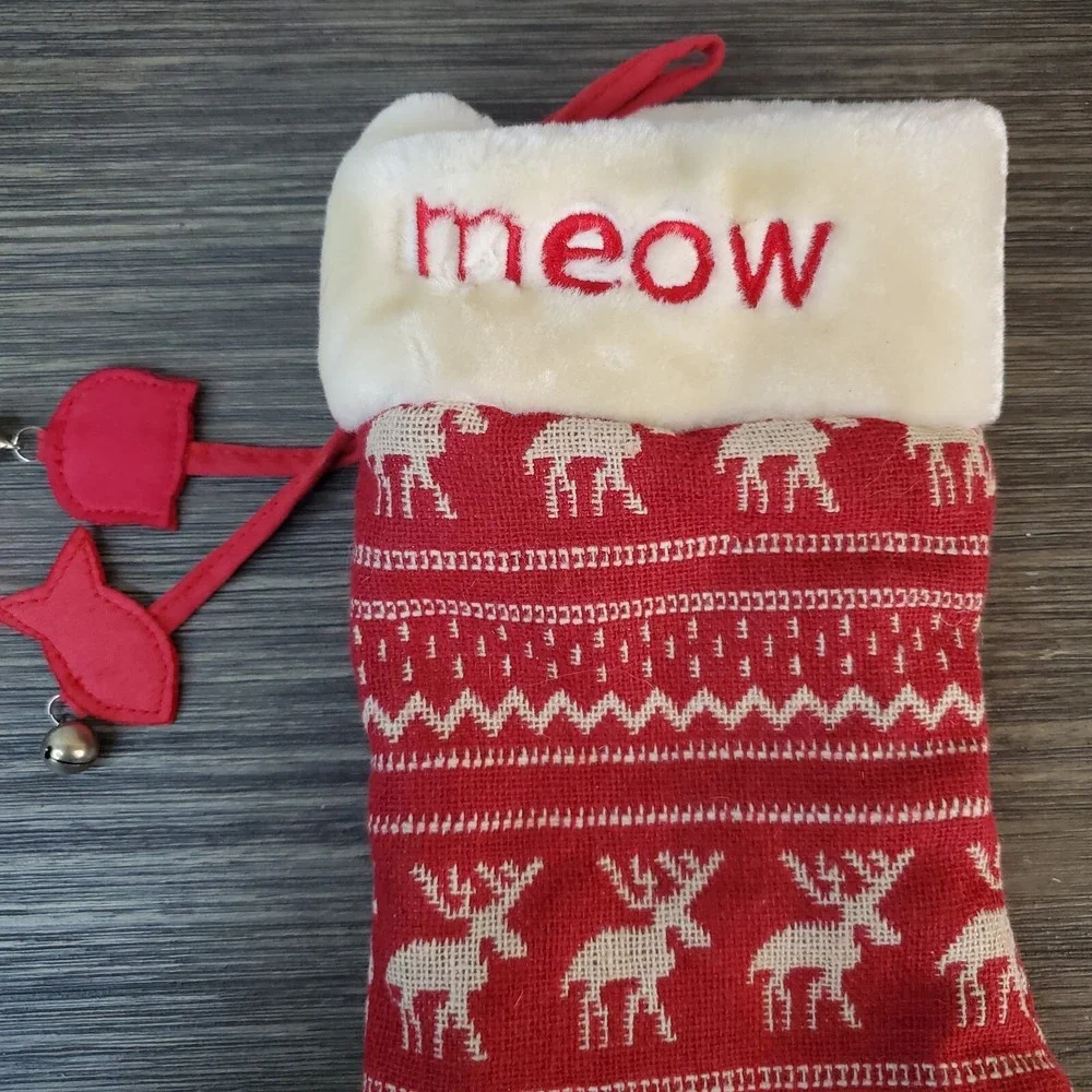 MEOW Kitty Cat Red Christmas Pet Stocking With Moose Reindeer And Fabric Charms